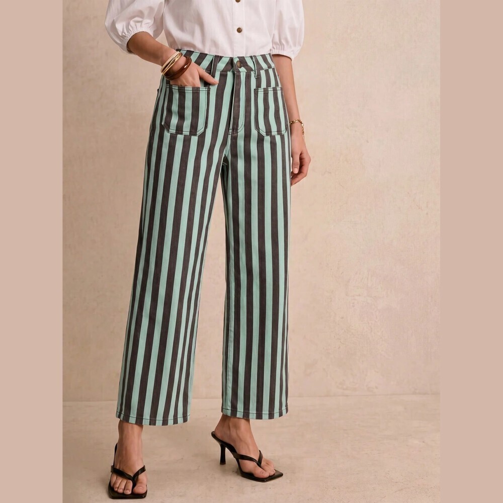 Mint Green & Brown Striped Patch Pocket Straight Leg Jeans